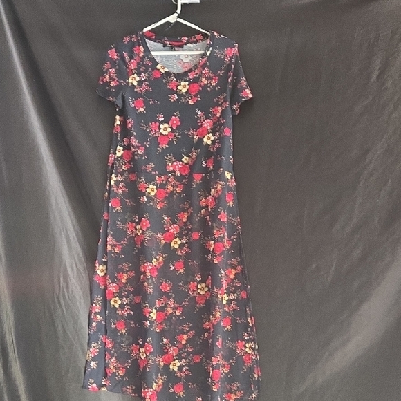 Sweet Rain Black Midi Dress with Red and Yellow Floral Design - Picture 1 of 6